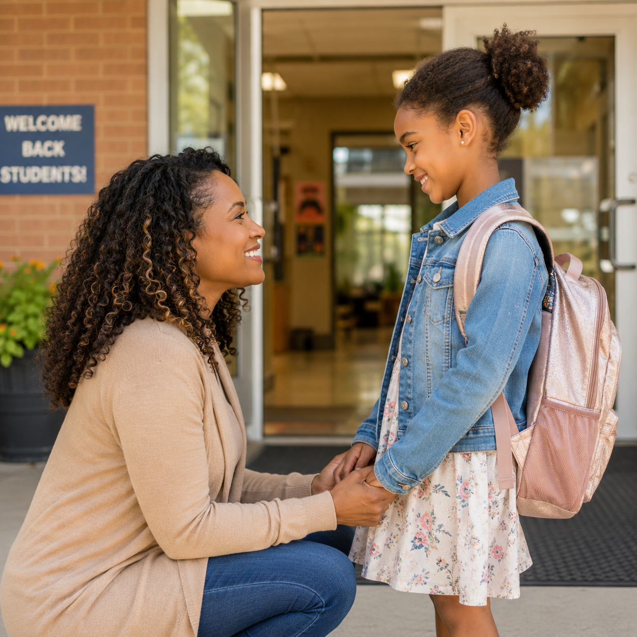 Mother and daughter sharing a warm moment outside school