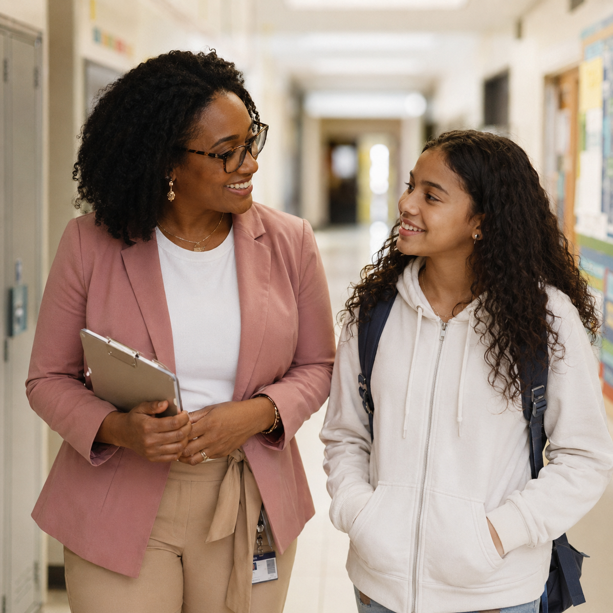 Teacher and student sharing a moment in a school hallway
