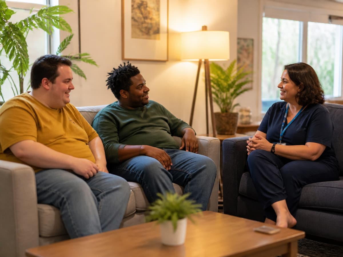 A support staff member and two adult residents relaxing and talking together in a warm, homey group-home living room