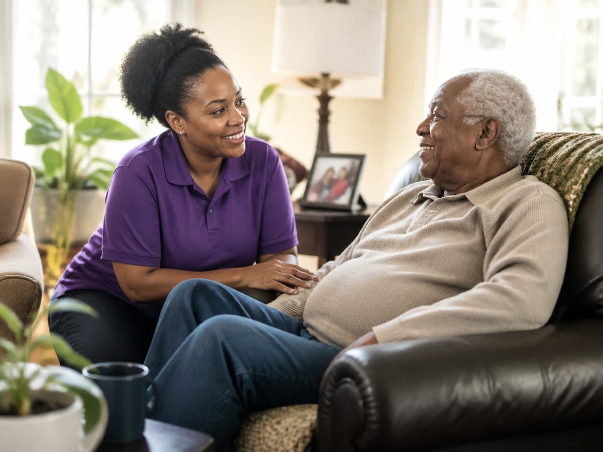 An in-home support worker sharing a warm conversation with an older adult client seated comfortably at home