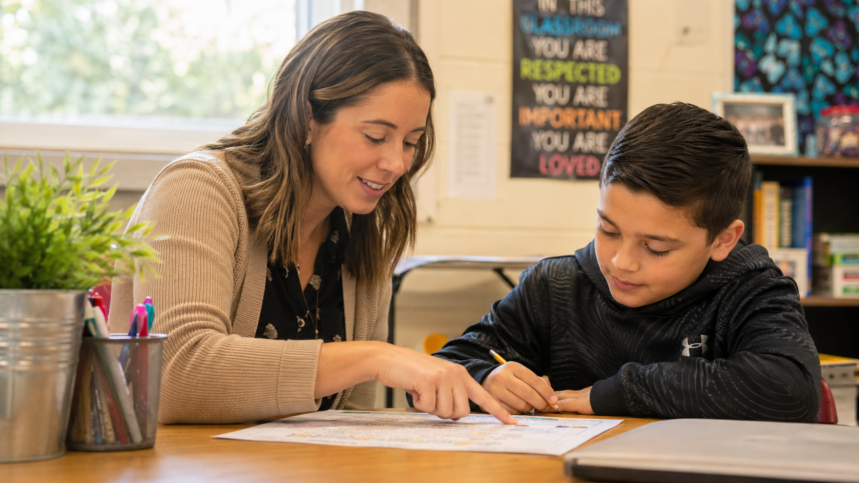 Counselor working alongside a student at a school desk