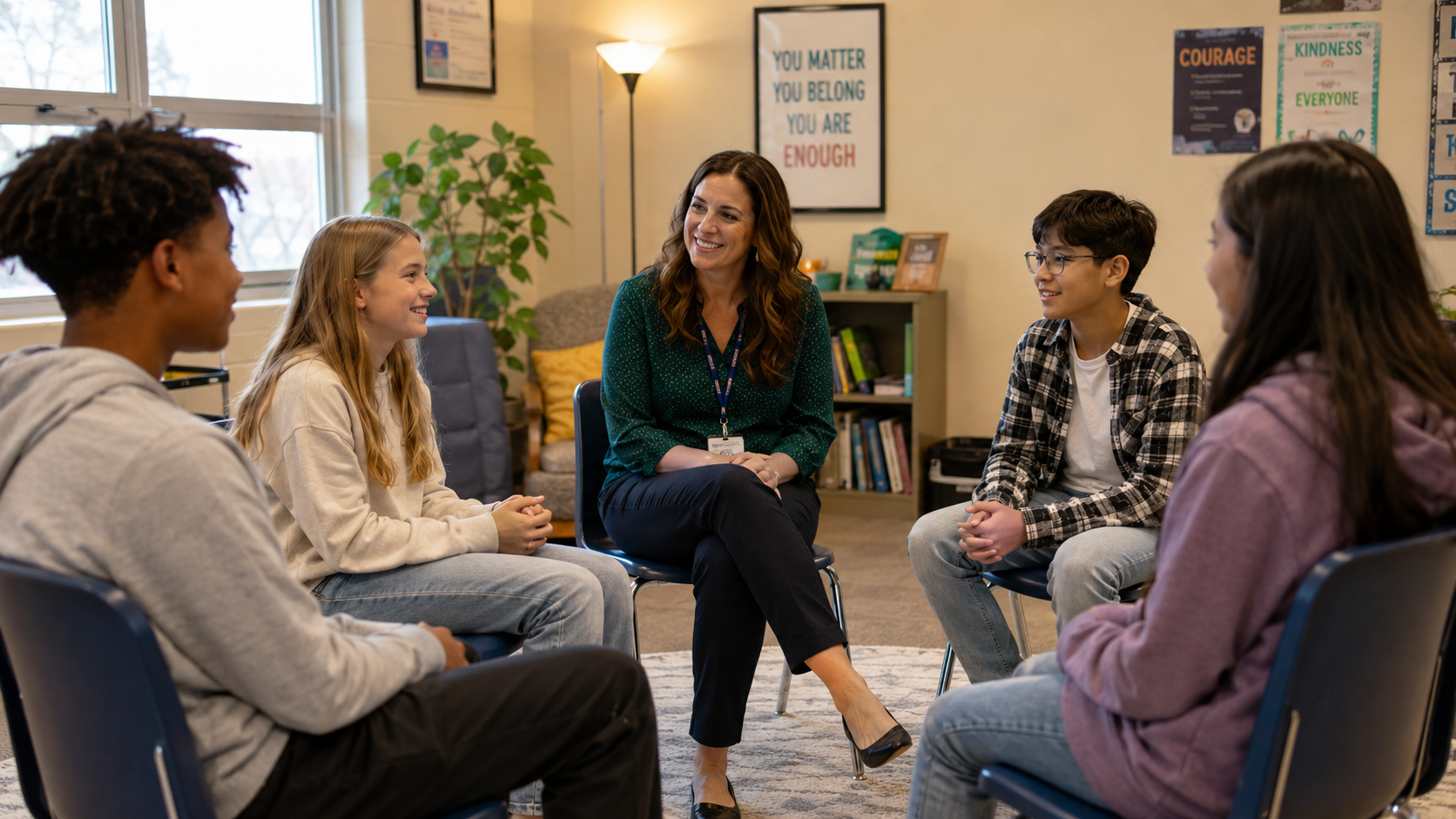 Diverse group of students in a guided counseling circle