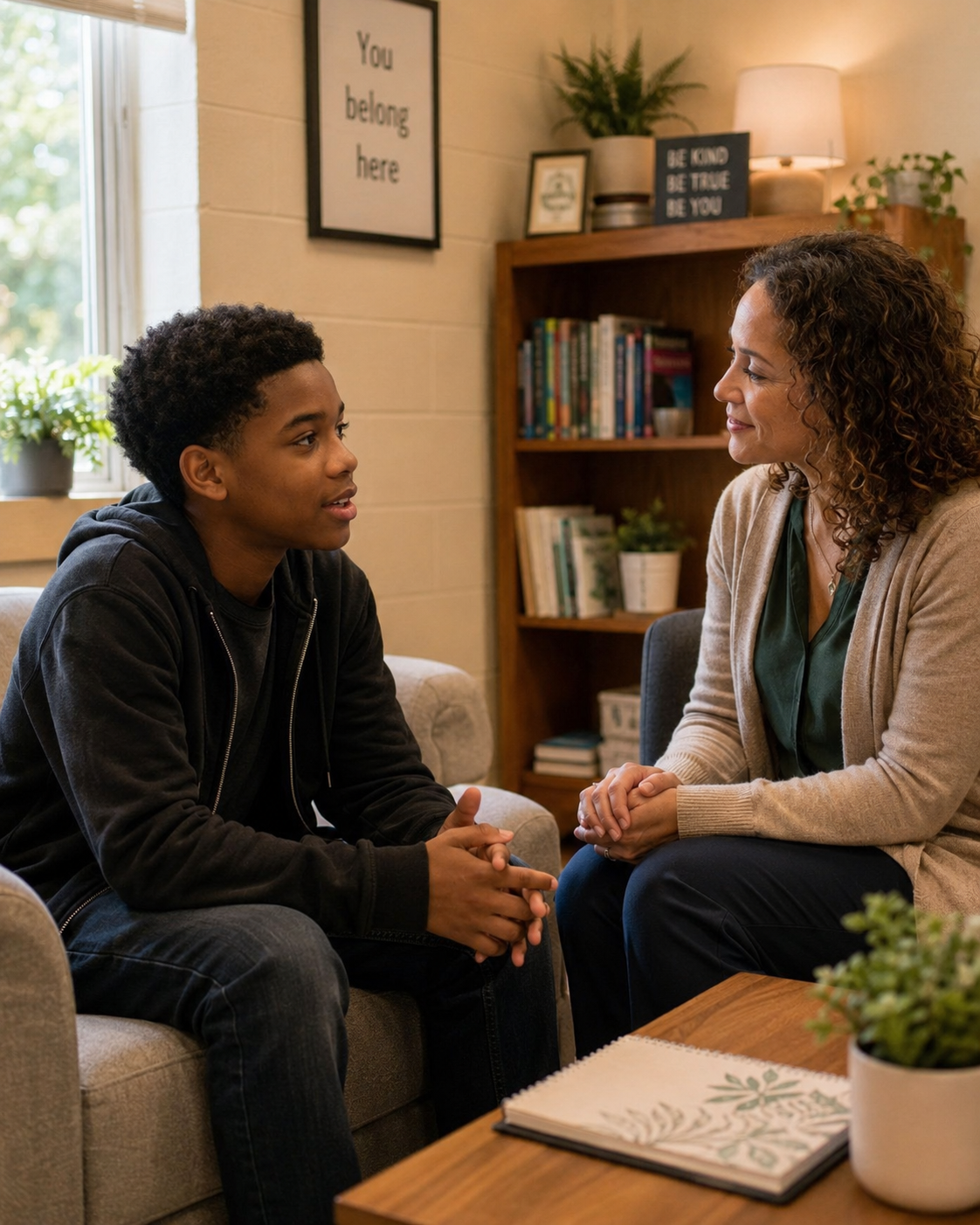 Counselor in one-on-one session with a student in a school office